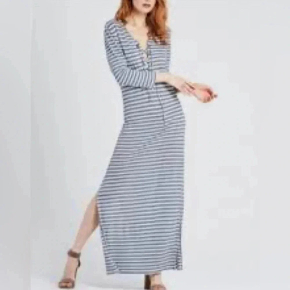 AG Adriano Goldschmied Claude 100% Linen Powder Blue Striped Maxi Dress Med EUC - Picture 1 of 15